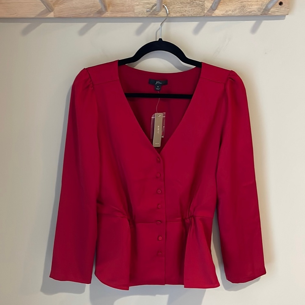 J.Crew | Long-Sleeve Holiday Red Satin Peplum Top | Sz 6 | NWT